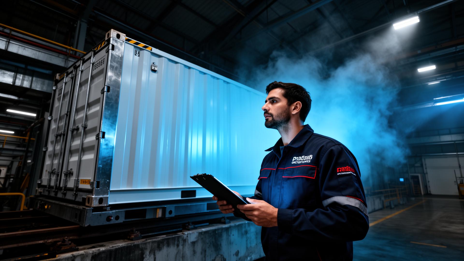 Técnico inspecionando container refrigerado industrial